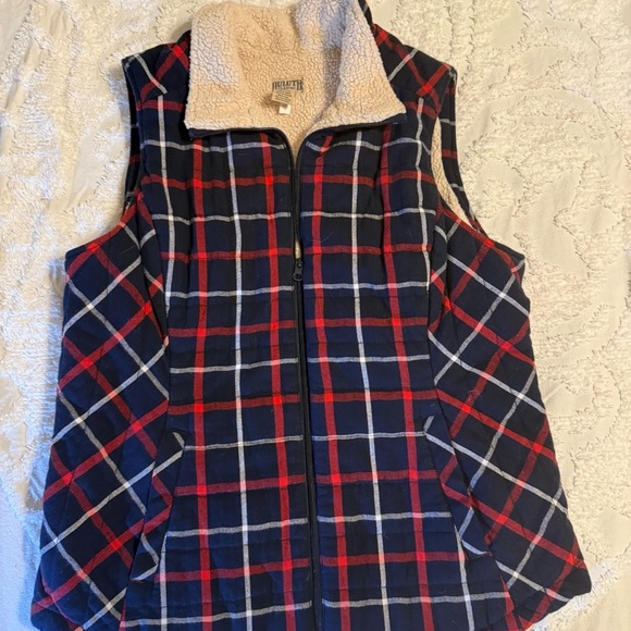 Duluth Trading Co Cream Fleece Vest size Large Red/ Blue A24 - Picture 3 of 10